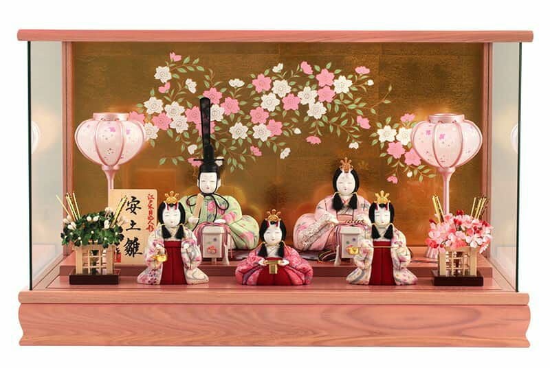 木村一秀作　木目込雛人形 5体セット 伝統的な衣装収納箱入押　桜押花屏風 木目込人形 十五人飾り | 平安雛 - 雛人形・五月人形・羽子板・破魔弓